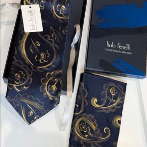 Italo Ferretti Men's Blue and Gold Tie Set & Matching Pocketsquare